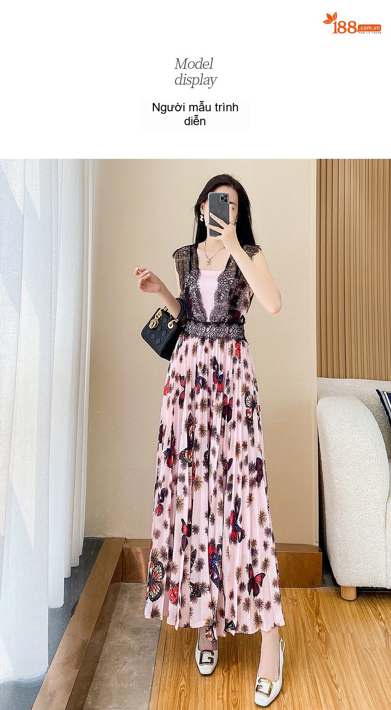 Váy Dài Nữ Mùa Hè In Hoa Nhí Pháp Phối Ren dáng chữ A Xếp Ly chi tiết 6