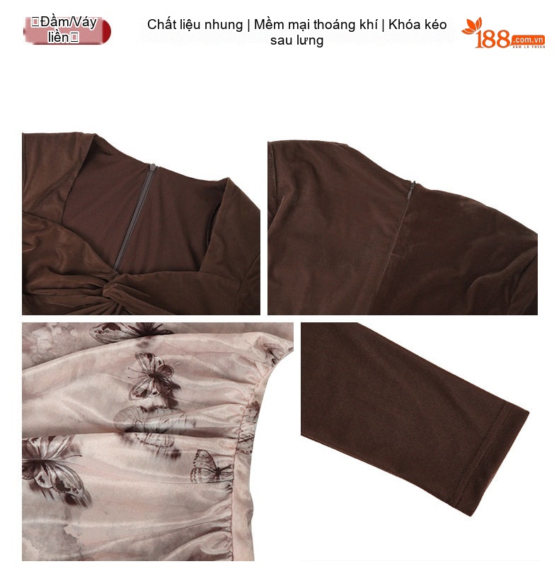 Váy Dài Nữ Ôm Body Cổ chữ Vuông Tay Dài Nhung In Hoa Phong Cách Pháp Cổ Điển Màu Nâu phối Họa Tiết chi tiết 3