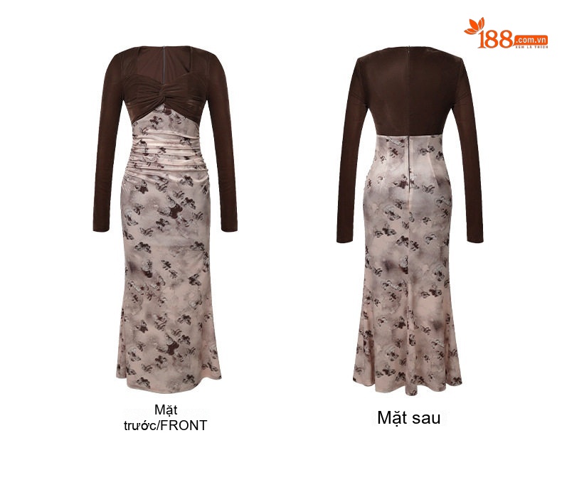 Váy Dài Nữ Ôm Body Cổ chữ Vuông Tay Dài Nhung In Hoa Phong Cách Pháp Cổ Điển Màu Nâu phối Họa Tiết chi tiết 4