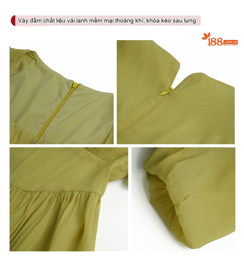 Váy Dài Nữ Tay Bồng Cổ chữ Vuông Thắt Eo Phong Cách Tiểu Thư Màu Đen, Xanh Lá chi tiết 4