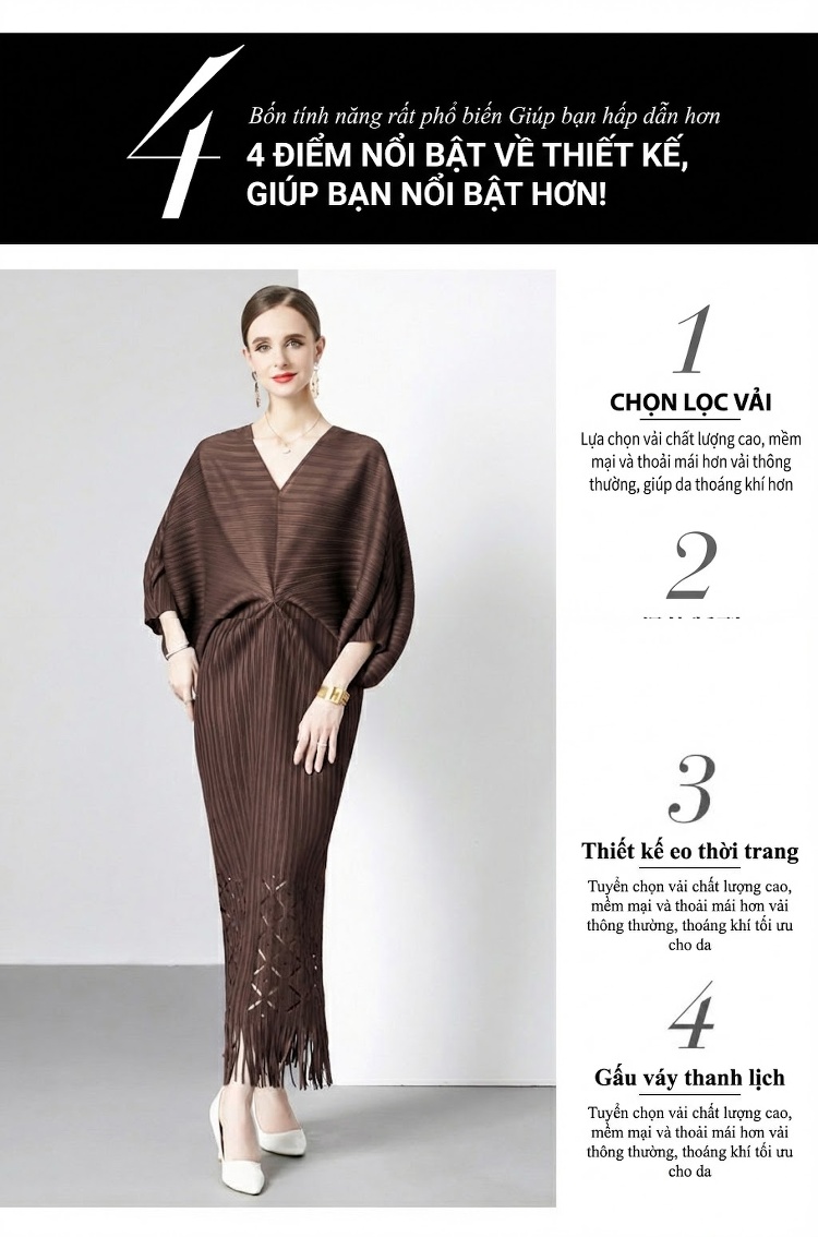 Váy Dài Nữ Tay Dơi Cổ chữ V Trễ Vai Dáng Rộng Xếp Ly Đuôi Cá Màu Đỏ, Xanh Lá, Nâu, Đen... chi tiết 5