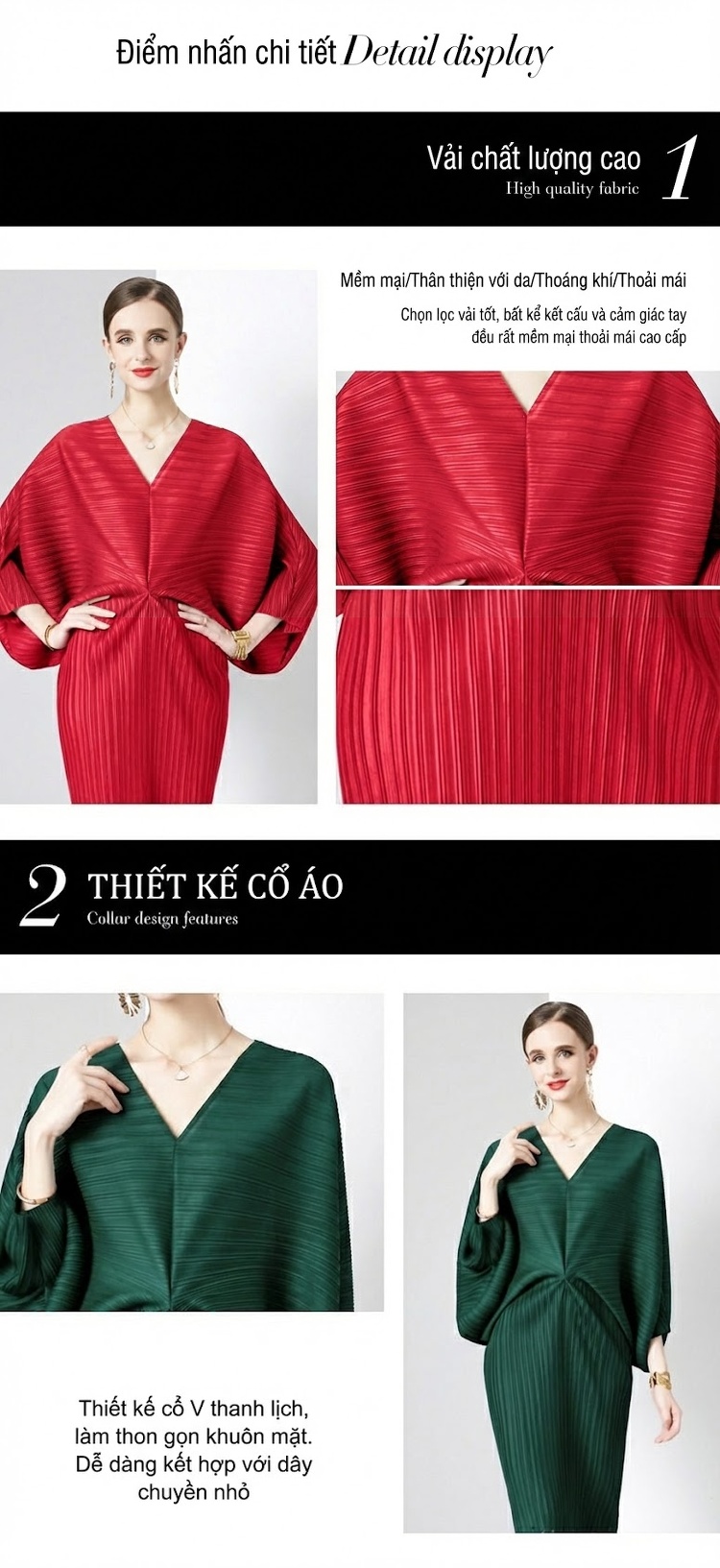 Váy Dài Nữ Tay Dơi Cổ chữ V Trễ Vai Dáng Rộng Xếp Ly Đuôi Cá Màu Đỏ, Xanh Lá, Nâu, Đen... chi tiết 6