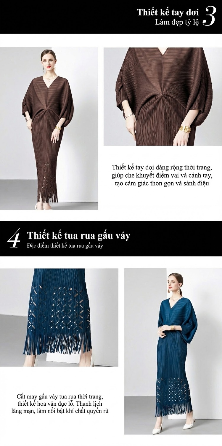 Váy Dài Nữ Tay Dơi Cổ chữ V Trễ Vai Dáng Rộng Xếp Ly Đuôi Cá Màu Đỏ, Xanh Lá, Nâu, Đen... chi tiết 7