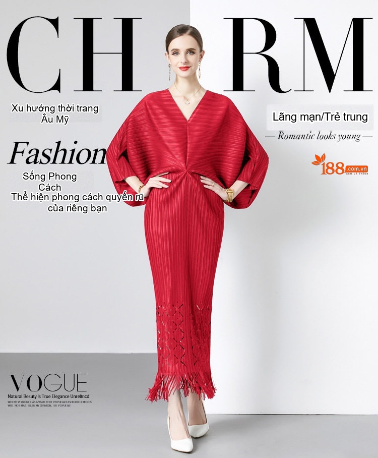 Váy Dài Nữ Tay Dơi Cổ chữ V Trễ Vai Dáng Rộng Xếp Ly Đuôi Cá Màu Đỏ, Xanh Lá, Nâu, Đen... chi tiết 1
