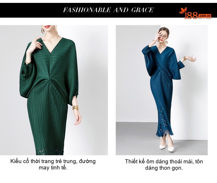 Váy Dài Nữ Tay Dơi Cổ chữ V Trễ Vai Dáng Rộng Xếp Ly Đuôi Cá Màu Đỏ, Xanh Lá, Nâu, Đen... chi tiết 3