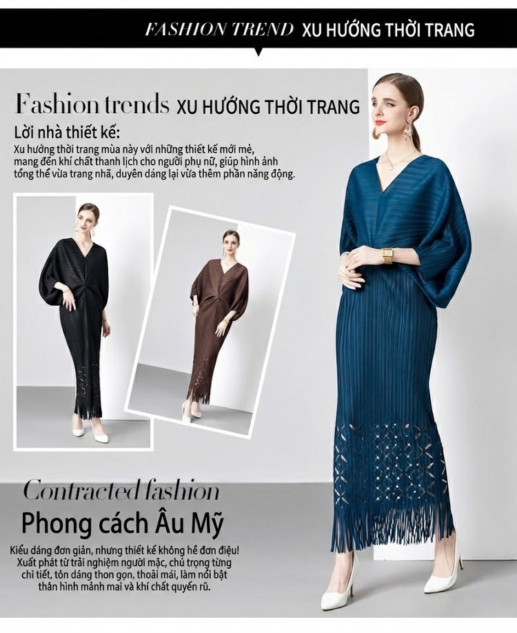 Váy Dài Nữ Tay Dơi Cổ chữ V Trễ Vai Dáng Rộng Xếp Ly Đuôi Cá Màu Đỏ, Xanh Lá, Nâu, Đen... chi tiết 4