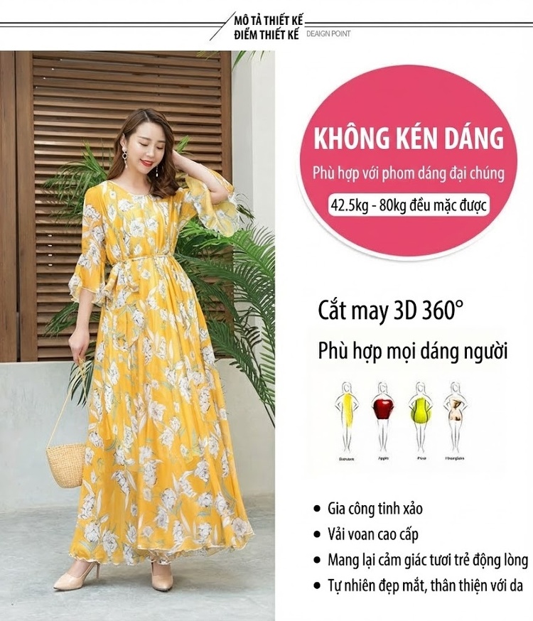 Váy Dài Nữ Tay Loa Cổ Điển Bohemian In Hoa Voan Lụa Eo Cao Màu Vàng chi tiết 2