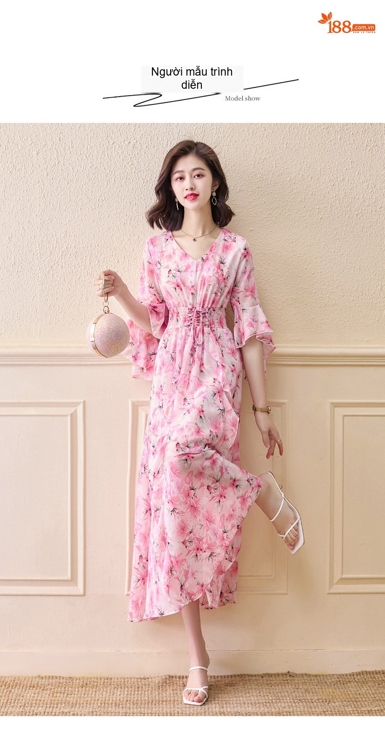 Váy Dài Nữ Voan Lụa Họa Tiết Hoa Nhí Phong Cách Pháp Dáng Ôm Màu Hồng chi tiết 6