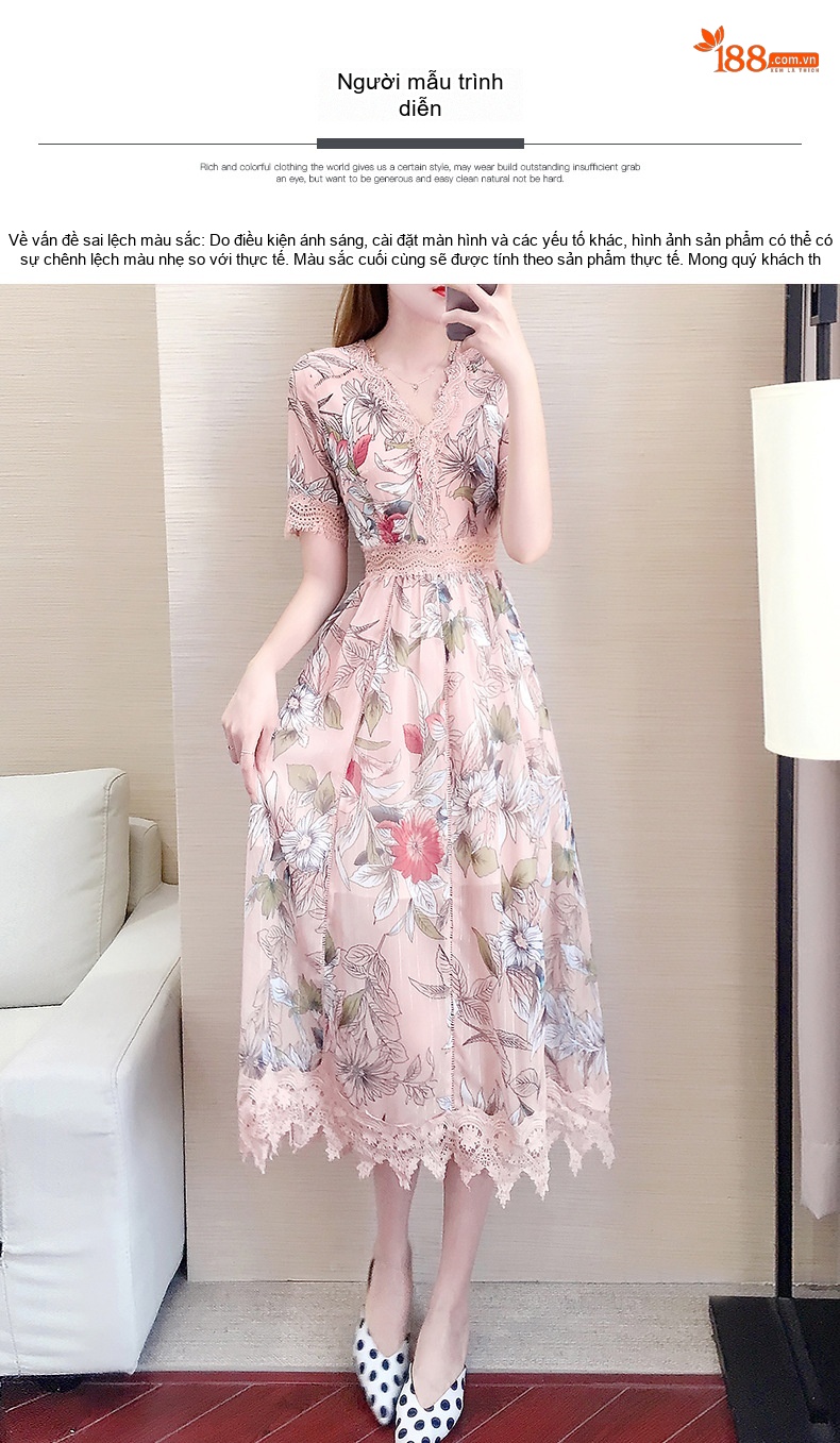 Váy Dài Nữ Voan Lụa Thắt Eo Đuôi Ren Phong Cách Tiên Nữ Màu Hồng chi tiết 7