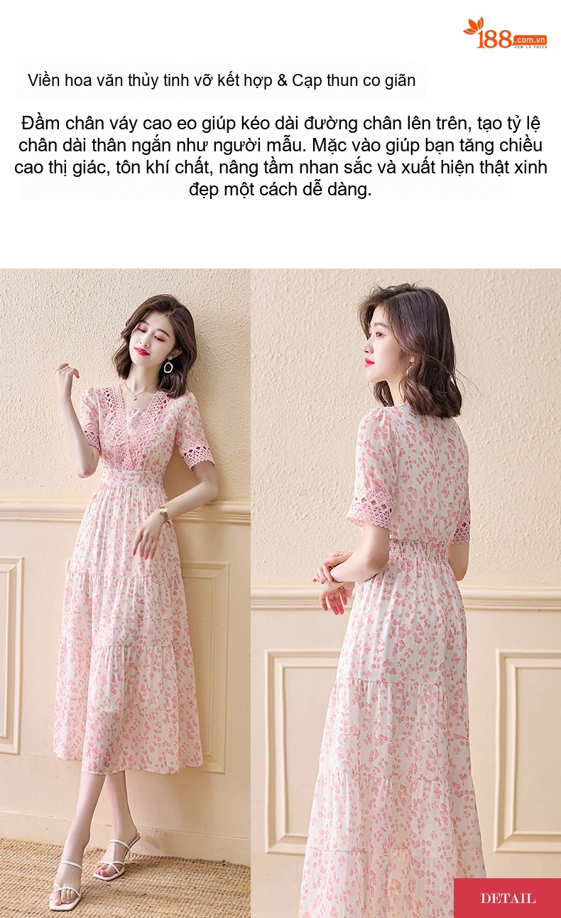 Váy Dài Nữ Xòe Hoa Nhí Cổ chữ V Ren Tay Ngắn Phong Cách Pháp chi tiết 1