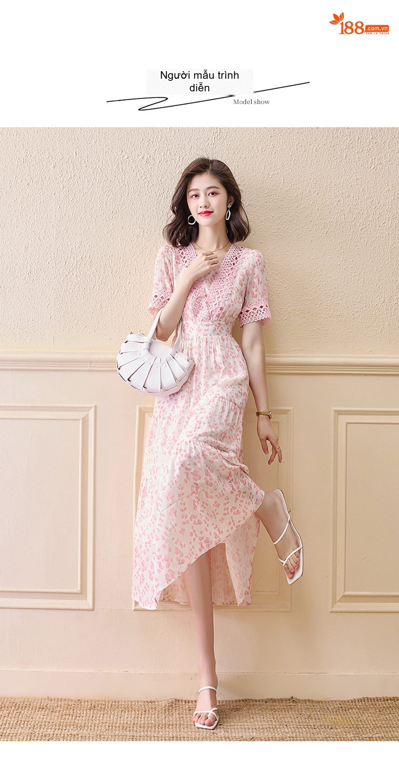 Váy Dài Nữ Xòe Hoa Nhí Cổ chữ V Ren Tay Ngắn Phong Cách Pháp chi tiết 6