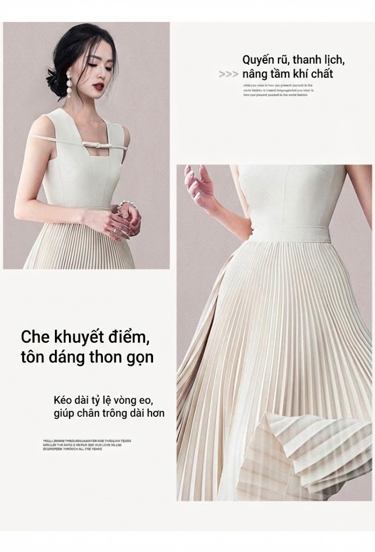 Váy Dài Nữ Xòe Lớn Thiết Kế Việt Nam Phong Cách Pháp Cổ Điển, Thanh Lịch Màu Kem chi tiết 4
