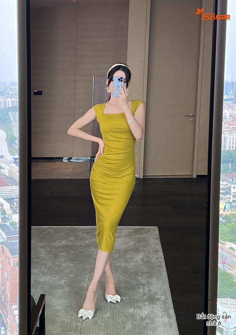Váy Dài Ôm Body Nữ Dáng Suông Không Tay Cổ chữ Vuông Màu Đen, Vàng chi tiết 12
