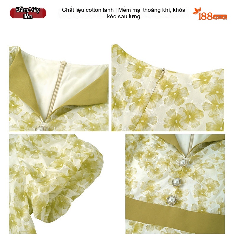 Váy Dài Tay Bồng Cổ Bẻ Họa Tiết Eo Thun Phong Cách Pháp chi tiết 4