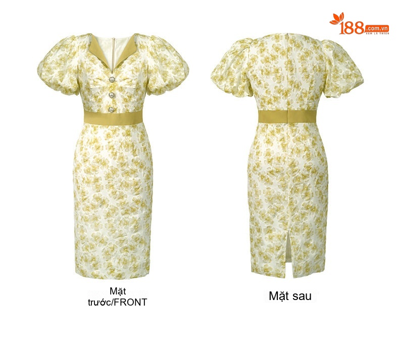 Váy Dài Tay Bồng Cổ Bẻ Họa Tiết Eo Thun Phong Cách Pháp chi tiết 5