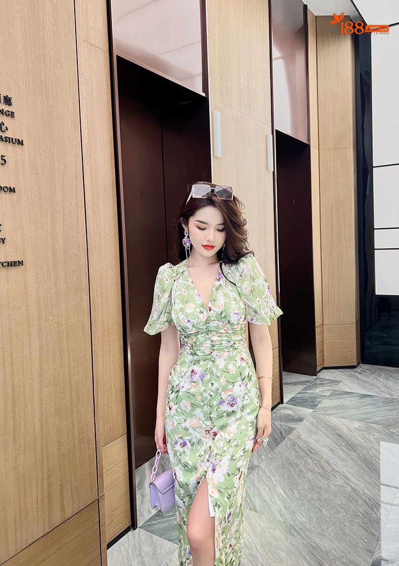 Váy Dài Tay Bồng Họa Tiết Hoa Nhí Màu Xanh Lá chi tiết 18