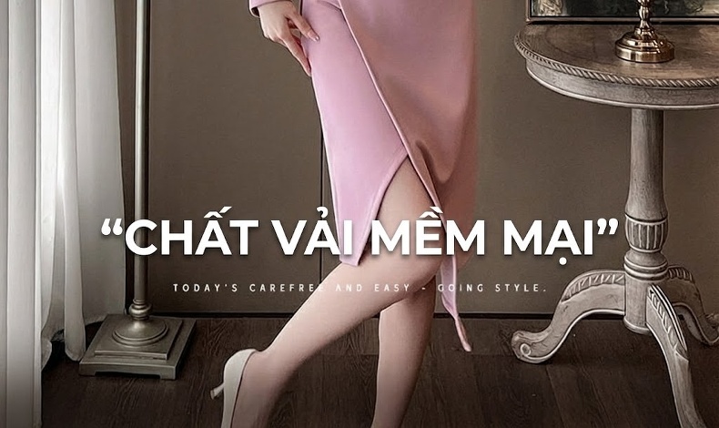 Váy Dài Tay Cổ chữ V Chữ A Xếp Ly Eo Thon Kiểu Dáng Công Sở Màu Hồng chi tiết 4