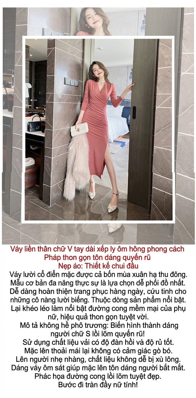 Váy Dài Tay Dài Nữ Cổ Chữ V Trơn Màu Ôm Dáng Xếp Ly Xẻ Tà chi tiết 1