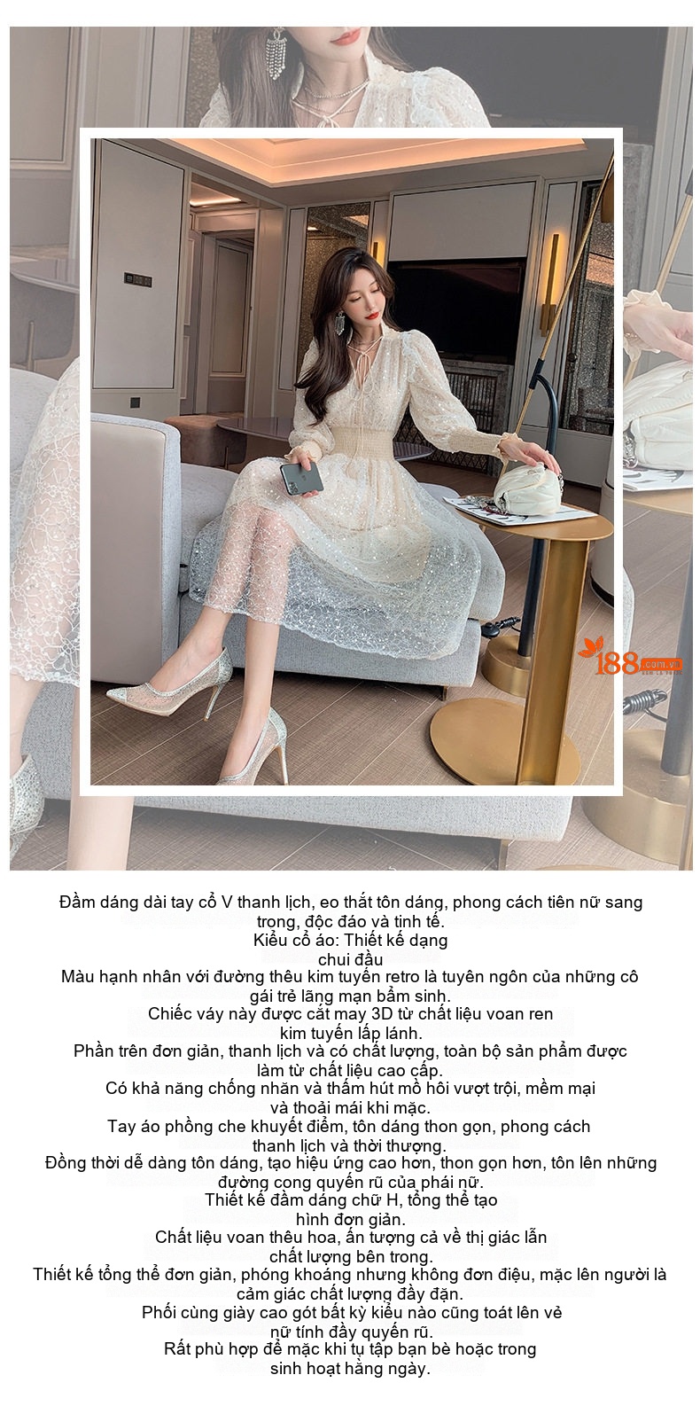 Váy Dài Tay Dài Nữ Tính Vải Voan Lưới Phong Cách Tiên Nữ Màu Trắng Kem chi tiết 1