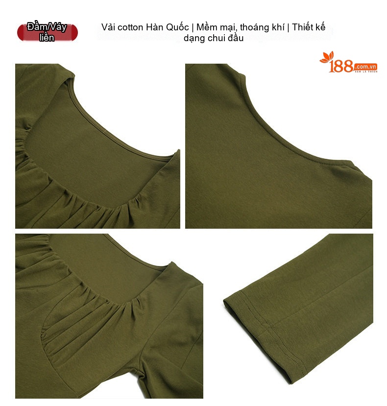 Váy Dài Tay Dáng Ôm Cổ chữ Vuông Xẻ Tà Phong Cách Pháp Màu Đen, Xanh Olive chi tiết 4