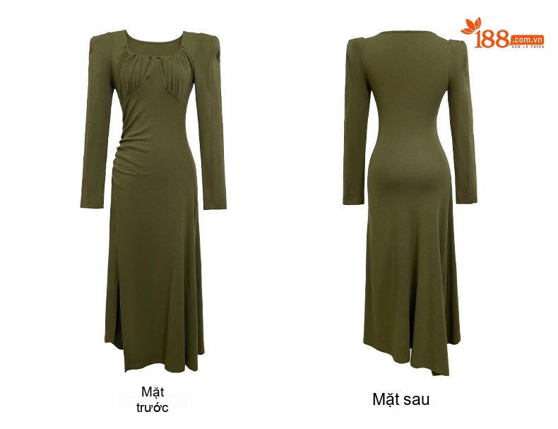 Váy Dài Tay Dáng Ôm Cổ chữ Vuông Xẻ Tà Phong Cách Pháp Màu Đen, Xanh Olive chi tiết 7