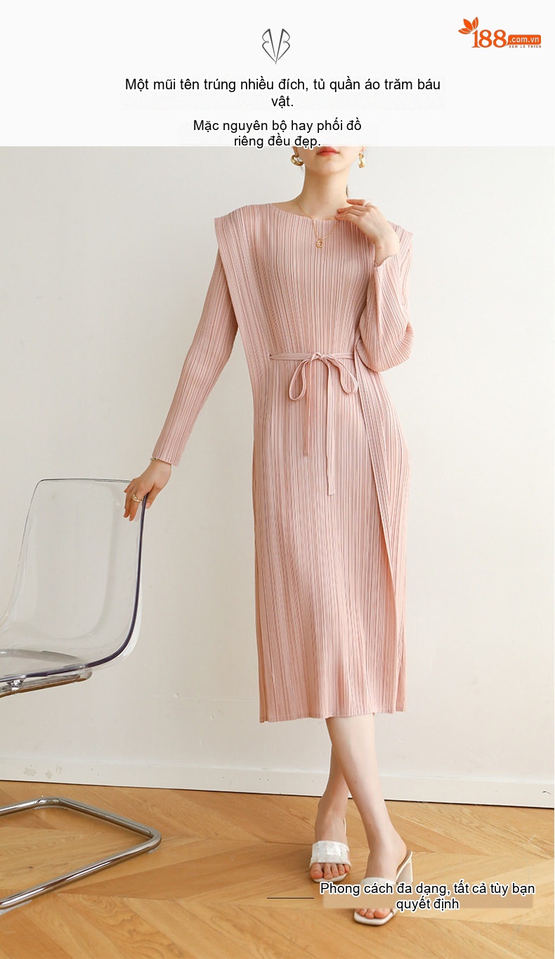 Váy Dài Tay Dáng Suông Nữ Thiết Kế Pleated Có Dây Thắt Eo Màu Nâu, Hồng, Xanh Dương, Đen... chi tiết 3