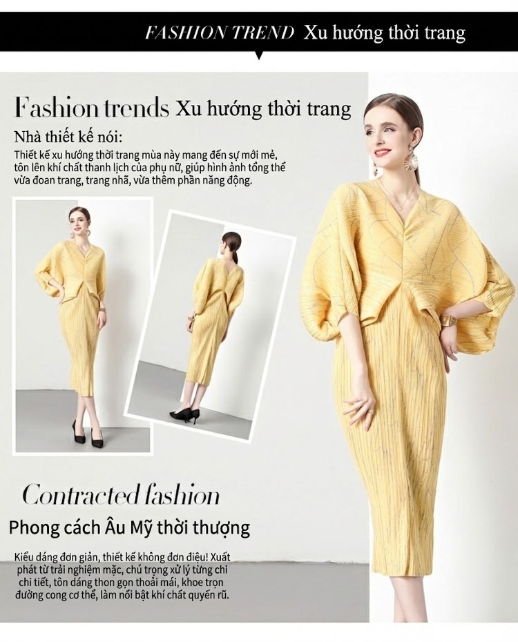 Váy Dài Tay Dơi Nữ Cổ chữ V In Họa Tiết Thiết Kế Xếp Ly Cao Cấp Màu Vàng chi tiết 2