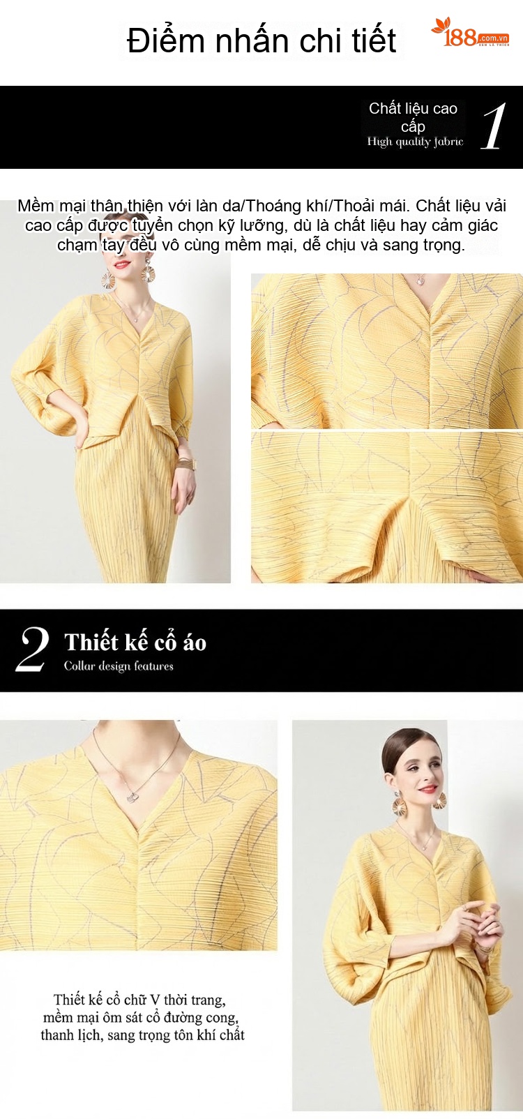 Váy Dài Tay Dơi Nữ Cổ chữ V In Họa Tiết Thiết Kế Xếp Ly Cao Cấp Màu Vàng chi tiết 4