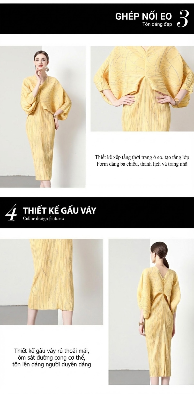 Váy Dài Tay Dơi Nữ Cổ chữ V In Họa Tiết Thiết Kế Xếp Ly Cao Cấp Màu Vàng chi tiết 5