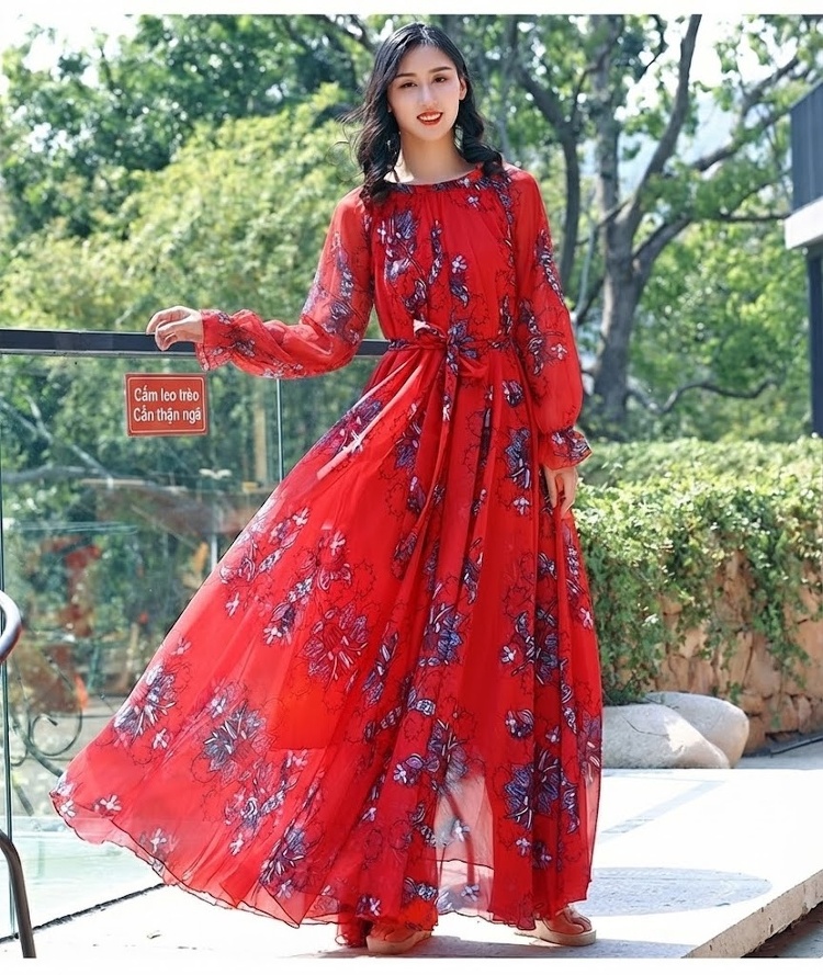 Váy Dài Tay Lỡ Nữ In Hoa Nhí Chất Liệu Voan Phong Cách Thanh Lịch Màu Đỏ, Hồng, Trắng, Đen... chi tiết 24