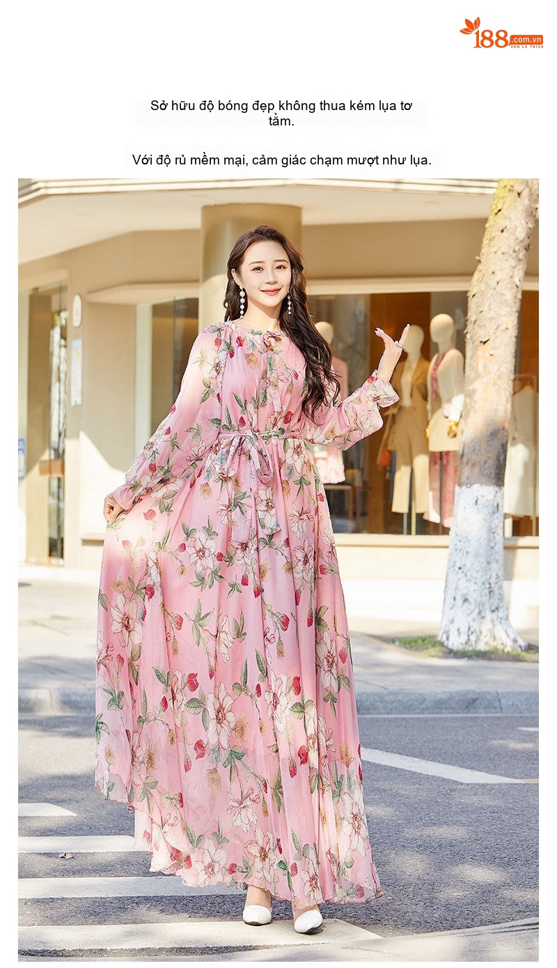 Váy Dài Tay Lụa Chiffon Họa Tiết Hoa Phong Cách Âu Mỹ Đi Biển Mùa Hè 2023 chi tiết 4
