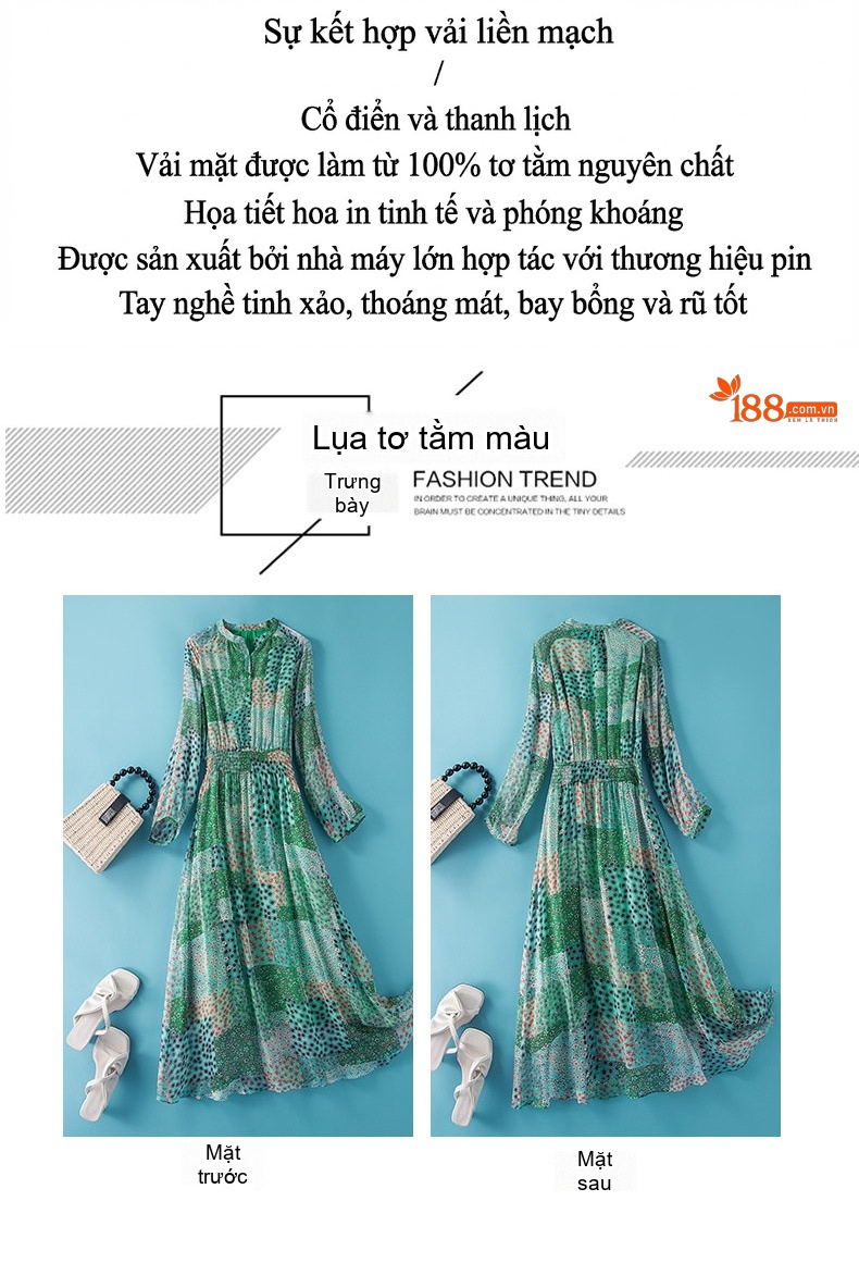 Váy Dài Tay Lụa Thật Dáng Xòe Eo Chun Thu Đông Màu Xanh Lá, Cam, Trắng chi tiết 3