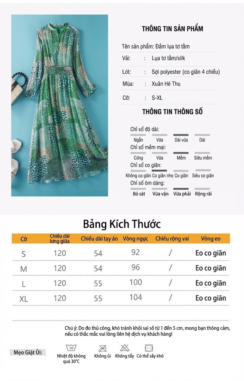 Váy Dài Tay Lụa Thật Dáng Xòe Eo Chun Thu Đông Màu Xanh Lá, Cam, Trắng chi tiết 5