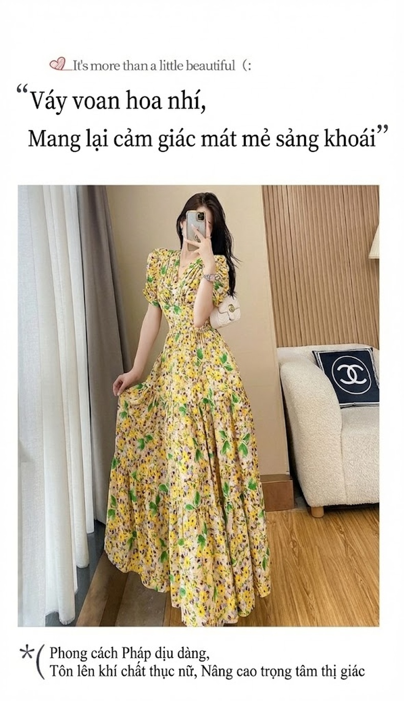 Váy Dài Tay Ngắn Nữ Xòe Eo Nhún Họa Tiết Hoa Nhỏ Phong Cách Pháp chi tiết 2