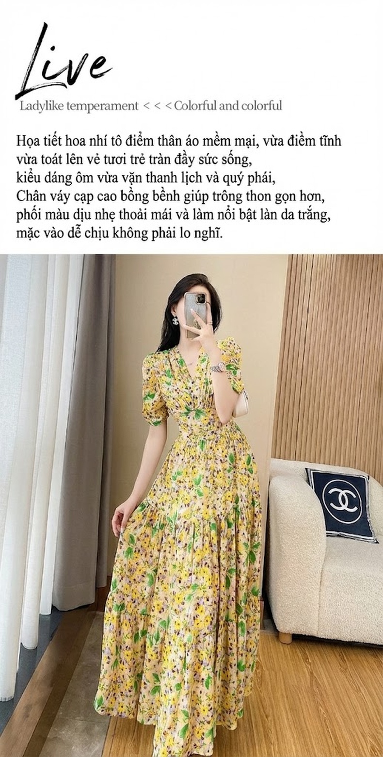 Váy Dài Tay Ngắn Nữ Xòe Eo Nhún Họa Tiết Hoa Nhỏ Phong Cách Pháp chi tiết 4