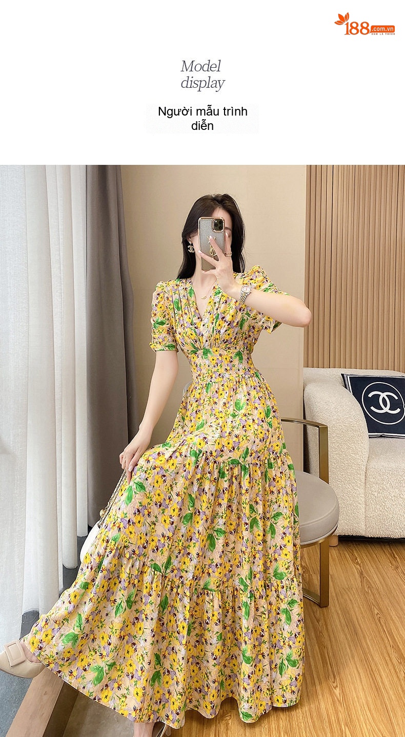 Váy Dài Tay Ngắn Nữ Xòe Eo Nhún Họa Tiết Hoa Nhỏ Phong Cách Pháp chi tiết 6