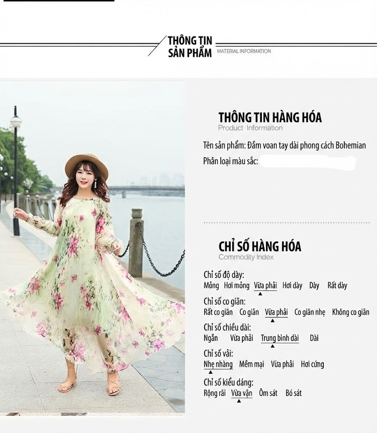 Váy Dài Tay Nữ Cổ Tròn Họa Tiết Hoa Phong Cách Bohemian Chất Liệu Gấm Nhăn chi tiết 3