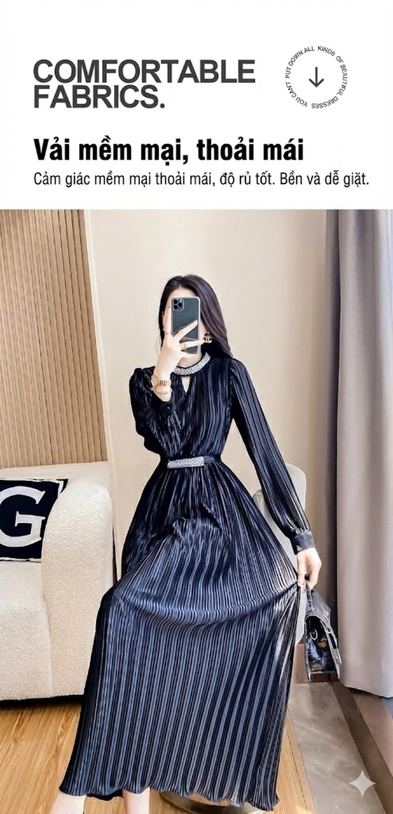Váy Dài Tay Nữ Dáng Dài Xếp Ly Phong Cách Pháp Thanh Lịch Màu Đen chi tiết 4