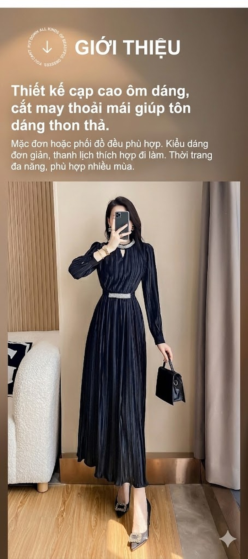 Váy Dài Tay Nữ Dáng Dài Xếp Ly Phong Cách Pháp Thanh Lịch Màu Đen chi tiết 2
