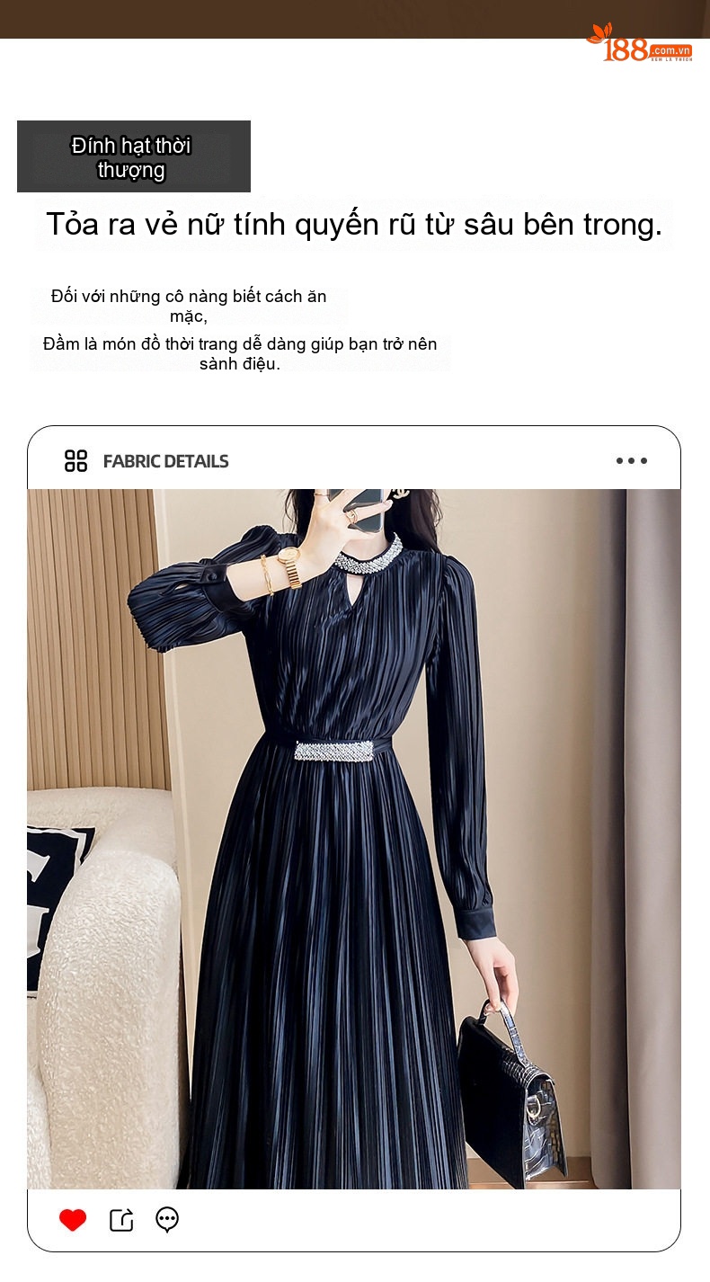Váy Dài Tay Nữ Dáng Dài Xếp Ly Phong Cách Pháp Thanh Lịch Màu Đen chi tiết 3