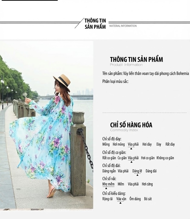 Váy Dài Tay Nữ Nhún Eo Cổ Tròn Họa Tiết Bohemian Chất Liệu Gấm Voan Xanh Dương, Tím chi tiết 3