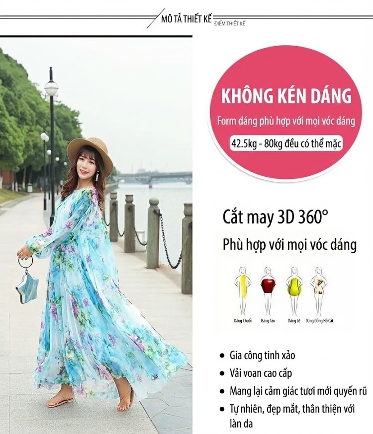 Váy Dài Tay Nữ Nhún Eo Cổ Tròn Họa Tiết Bohemian Chất Liệu Gấm Voan Xanh Dương, Tím chi tiết 2