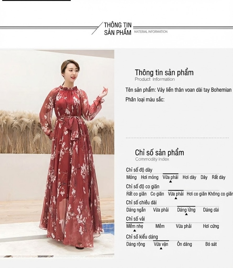 Váy Dài Tay Nữ Phong Cách Bohemian Họa Tiết Hoa Thích Hợp Đi Biển Màu Đỏ Rượu Vang chi tiết 3