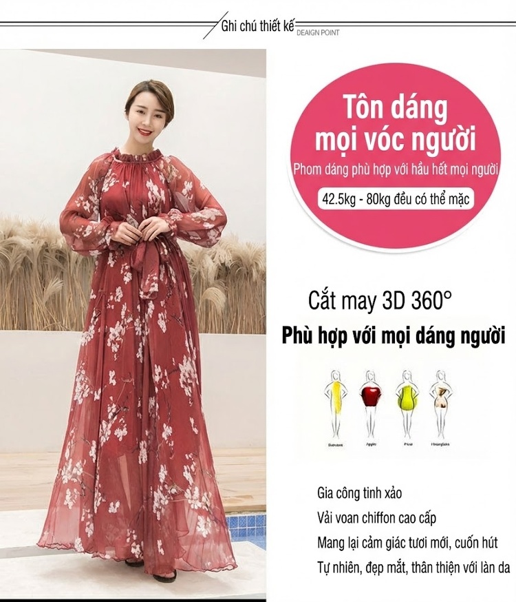 Váy Dài Tay Nữ Phong Cách Bohemian Họa Tiết Hoa Thích Hợp Đi Biển Màu Đỏ Rượu Vang chi tiết 2