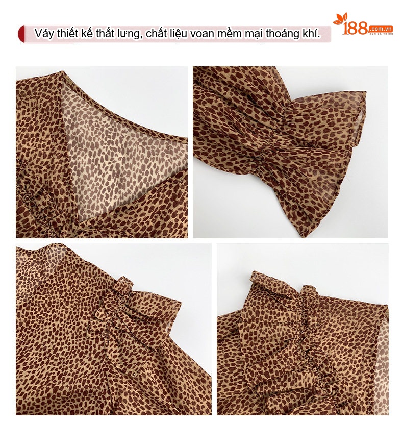 Váy Dài Tay Nữ Xòe Họa Tiết Da Báo Bèo Nhún Thiết Kế Bất Đối Xứng Chất Liệu Voan chi tiết 4