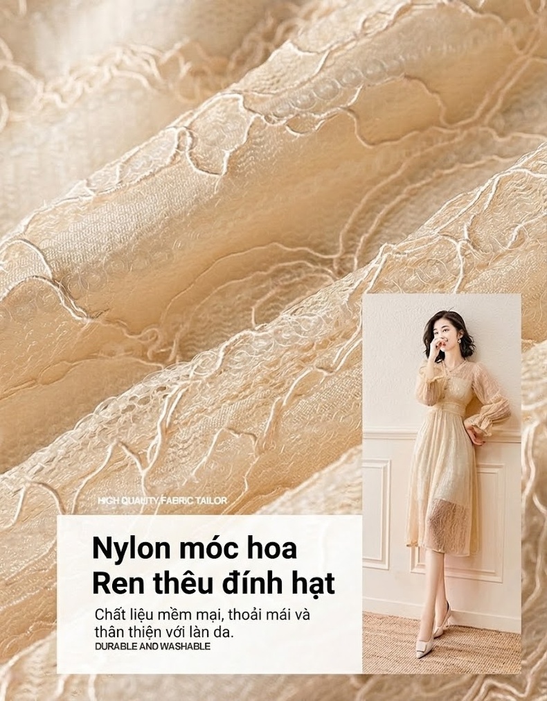 Váy Dài Tay Ren Nữ Tính Phong Cách Tiểu Thư Màu Kem chi tiết 6