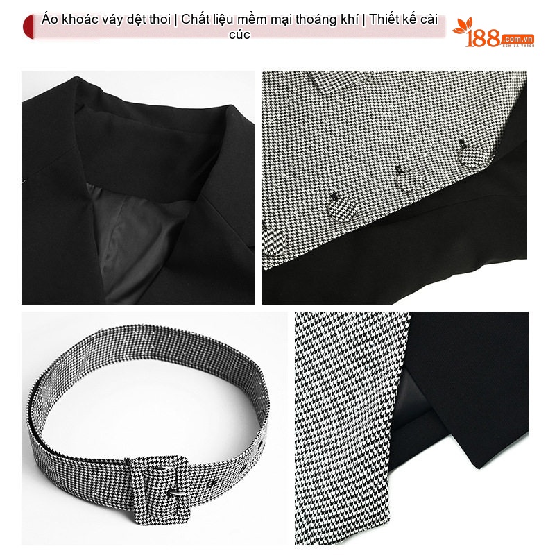 Váy Đầm Blazer Nữ Thiết Kế Dáng Vest Giả Hai Lớp Chiết Eo Thắt Đai Họa Tiết Kẻ Ô Màu Đen, Xám chi tiết 4