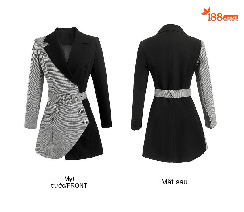 Váy Đầm Blazer Nữ Thiết Kế Dáng Vest Giả Hai Lớp Chiết Eo Thắt Đai Họa Tiết Kẻ Ô Màu Đen, Xám chi tiết 5