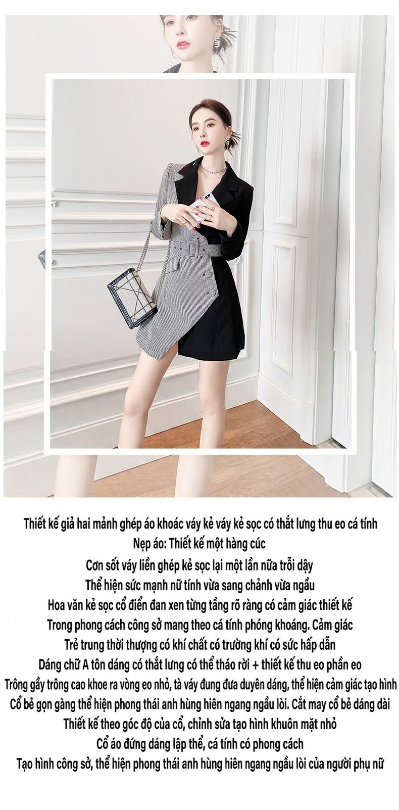 Váy Đầm Blazer Nữ Thiết Kế Dáng Vest Giả Hai Lớp Chiết Eo Thắt Đai Họa Tiết Kẻ Ô Màu Đen, Xám chi tiết 1