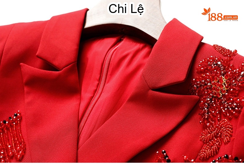 Váy Đầm Công Sở Nữ Dáng Ôm Tay Dài Cổ chữ Vest Đính Hạt Màu Đỏ chi tiết 30